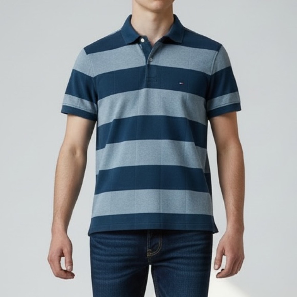 Tommy Hilfiger Mens Polo Shirt Custom Fit Short Sleeves Teal Green Stripes Small